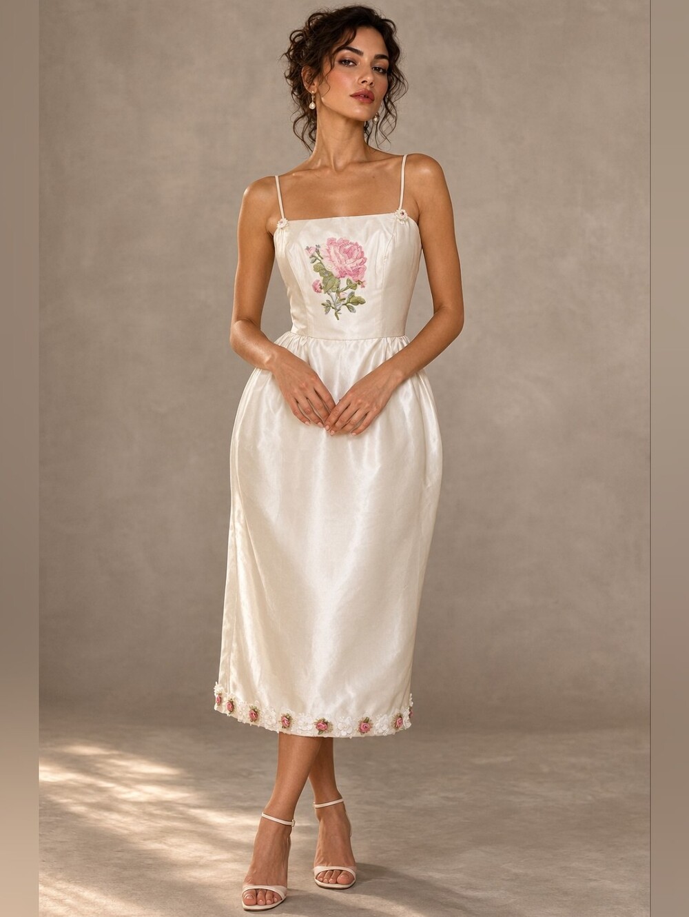 Vintage Ivory Rose Embroidered Midi Dress | Reworked Romantic Bridal Dress
